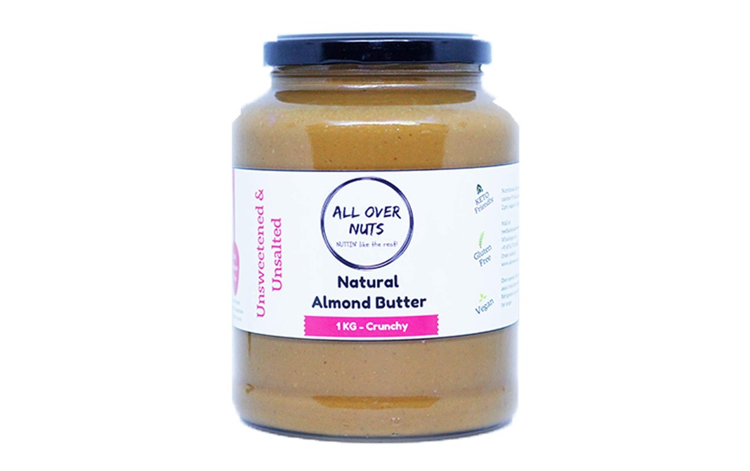 All Over Nuts Natural Almond Butter Crunchy   Glass Jar  1 kilogram